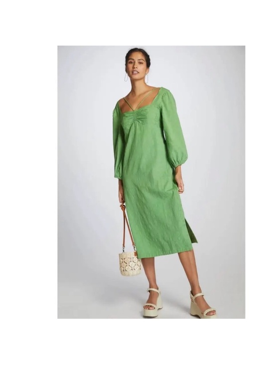 Anthropologie Dresses & Skirts - Maeve Anthropologie Green Jacquard Open Back Midi Dress Puff Sleeve US 10